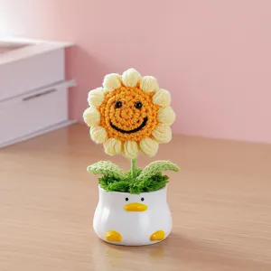 Handmade crochet sunflower potted plant cute duck ceramic vase desktop decor nice gift