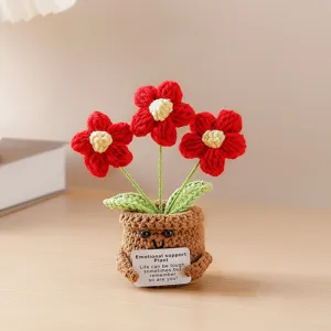 Handcrafted crochet potted plant with cute flowers, emotional support gift for desk decor.