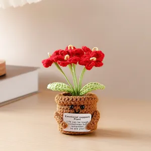 Handcrafted crochet potted plant detail, cute emotional support flower decor for desk.
