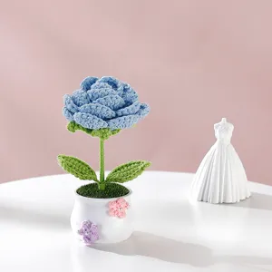 Gros plan sur la rose au crochet faite main en pot blanc montrant les textures et feuilles.