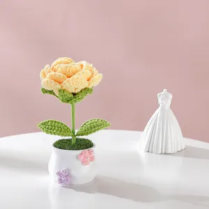 Vue détaillée de plante en pot de rose jaune au crochet, décoration de maison cadeau idéal.