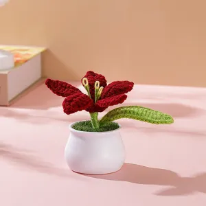 Pianta in vaso di giglio rosso all'uncinetto regalo di fiori lavorati a mano per casa
