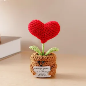 Handmade crochet potted plant with red heart flower, cute emotional support desk decor.