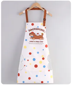 Cute waterproof kitchen apron with cartoon dachshund design, polka dots and handy side towels.