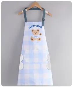 Blue and white plaid waterproof kitchen apron with cute bear pattern, pocket and hand towels.