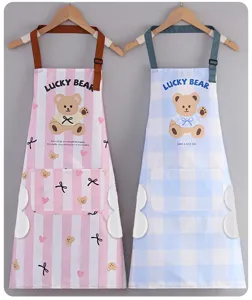 Cute waterproof kitchen apron with bear print, comfortable fabric and handy pockets for cooking.