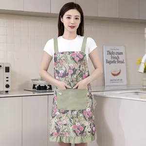 Tablier de cuisine en coton flammé style peinture à l'huile avec imprimé floral et poche utile.