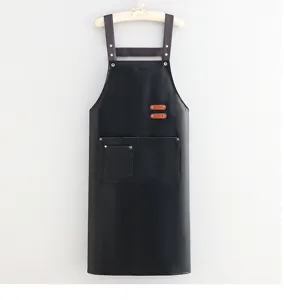 Black PU leather kitchen apron waterproof oilproof heavy duty chef work apron with pockets.