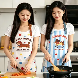 Cute summer kitchen waterproof apron for women with lovely dog print and adjustable straps.