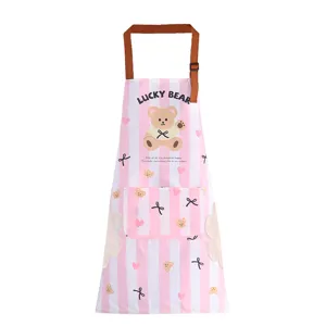 Cute pink striped waterproof kitchen apron for women daily household cooking work