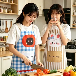Cotton linen kitchen apron for adults, cute cartoon fruit and bunny design with pocket.