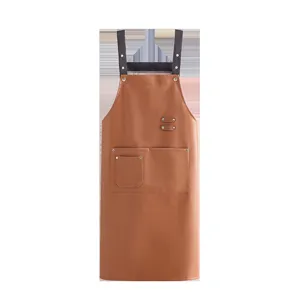 Waterproof PU leather apron for kitchen cooking, restaurant work, brown long waist apron.