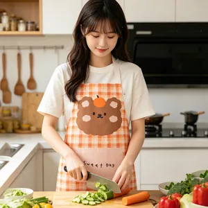 Cute cartoon bear plaid kitchen apron for women, sleeveless cotton linen cooking apron with pocket.