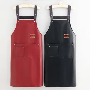 Waterproof Oil-proof PU Leather Apron Kitchen Cooking Workwear Long Bib Apron With Pockets For Men Women