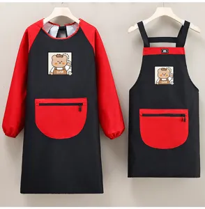 Ensemble tablier manches longues imperméable cuisine motif ours mignon noir rouge
