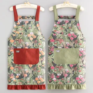 Tablier en Coton Slub Floral Peinture à l'Huile Vintage Cuisine Cuisson Anti-Taches Résistant à l'Usure Avec Poche et Ourlet à Volants