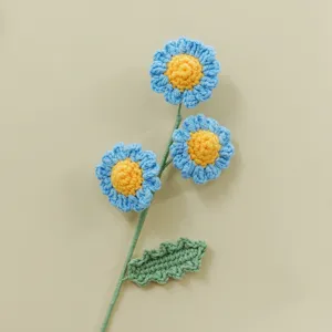 Handmade crochet blue daisy flower bouquet, charming wool knitted floral gift for room decor.