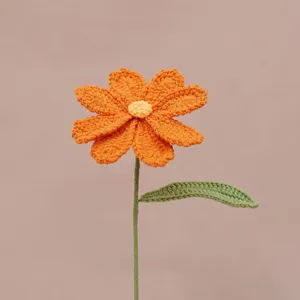 Handcrafted crochet flower orange woolen daisy single stem bouquet home decor gift for women