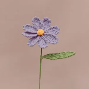Handmade crochet purple flower woolen knitted stem detail close up decor gift interior