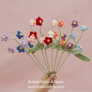 Handmade Knitted Puff Flower Branch Crochet Artificial Flower Bouquet Home Table Decor Cute Desk Ornament Gift