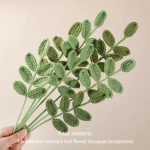 Handgemachte Gestrickte Jahreszeiten Blatt Künstliche Blume Zweig Grüne Pflanze Strauß Heimdekoration DIY Handwerk Zubehör