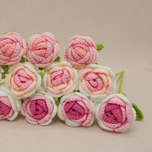 Detailed view of handmade crochet gradient rose flower bouquet, perfect home decoration ornament.