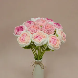 Handmade crochet gradient rose bouquet detail view for home table decoration and wedding.