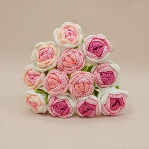 Handcrafted crochet gradient rose bouquet, exquisite artificial floral arrangement for home decor.