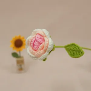 Close-up detail shot of handmade crochet gradient rose flower with green leaf decoration.