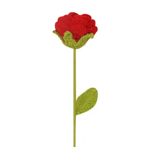 Handmade crochet red rose artificial flower single stem bouquet for home table decor