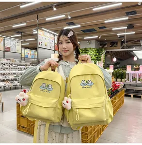 Sac à dos en toile style collège INS japonais, cartable jaune mignon avec motif d'ours.
