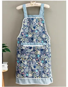 Floral canvas kitchen apron with pockets, pastoral style daily anti-fouling work wear.