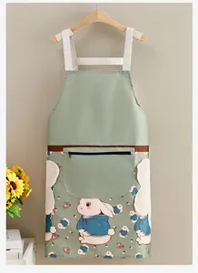 Waterproof cute rabbit kitchen apron with zipper pocket and absorbent hand wipe towels detail.