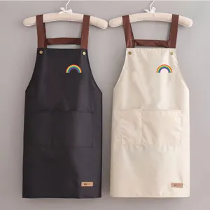 Delantal De Cocina Impermeable Para Mujeres Delantal Con Peto Resistente Al Aceite Con Bolsillos Bordado Arcoíris Estilo Coreano