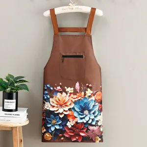 Waterproof kitchen apron with 3D floral print, zipped chest pocket and adjustable straps.