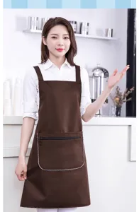 Brown waterproof apron for women, featuring a front zipper pocket and H-straps for daily cooking.