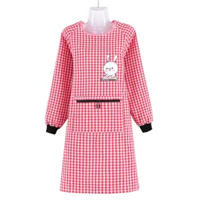 Long sleeve kitchen apron in red and white plaid with cute rabbit print and zipper pocket for women.