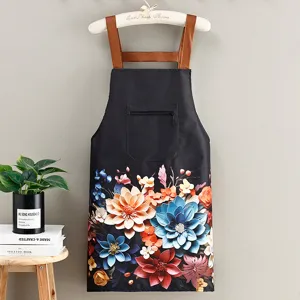 Waterproof kitchen apron with 3d floral print, adjustable straps and pocket for cooking.