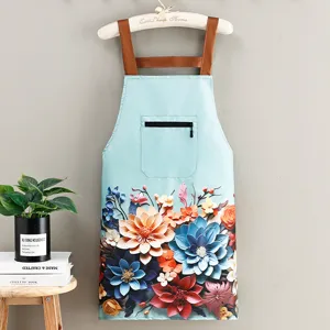 Waterproof kitchen apron with 3D floral print and pocket, stylish cooking bib for women.