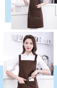 Stylish waterproof and oilproof kitchen apron for women, comfortable brown cooking workwear with pocket.