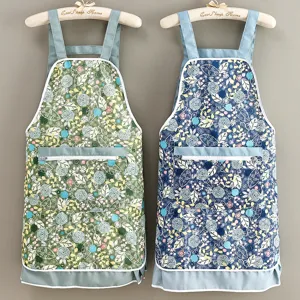 Household Kitchen Apron Waterproof Anti-Stain Canvas Slub Cotton Floral Print Ruffle Hem Pocket Kitchen Bib Apron For Cooking
