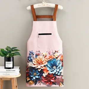 Waterproof kitchen apron with 3D floral pattern, adjustable shoulder straps, durable fabric.