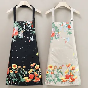 Waterproof Oil-Proof Kitchen Apron For Women Men Chef Cooking Restaurant Cute Floral Print Adjustable Bib Apron