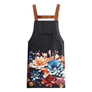 Waterproof kitchen apron with vibrant floral print, brown cross straps and zipper pocket.