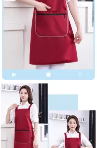 Waterproof oilproof kitchen apron for women, stylish red cooking workwear with zip pocket.