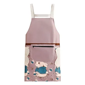 Waterproof kitchen apron for cooking with pockets, wipe towels and cute rabbit print.