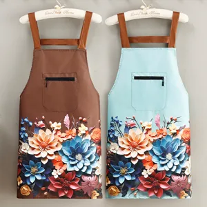 Waterproof Kitchen Apron For Women Adult Cooking Baking Floral Print Strap With Zipper Pocket Household Workwear