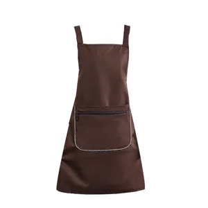 Brown waterproof kitchen cooking apron with zipper pocket and stylish striped trim for home work