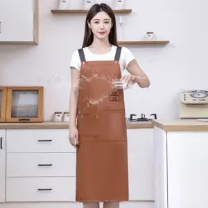 Waterproof PU leather kitchen apron for cooking, oil-resistant long working apron with pockets
