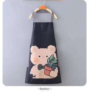 Waterproof oilproof kitchen cooking apron for women with cute bear print and hanging strap.